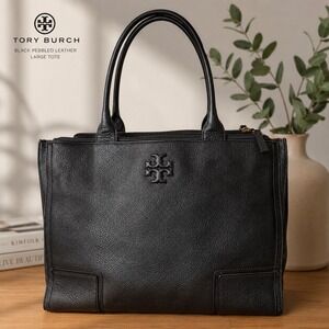 Tory Burch Black Pebbled Leather Large Tote Shoulder Bag Work Laptop Purse